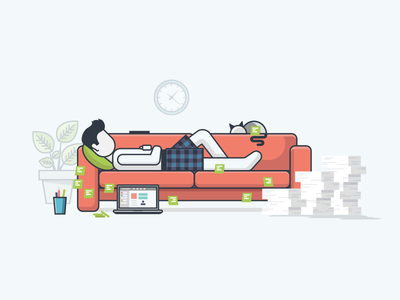 Working from Home cat computer couch design desk home illustration lazy living room lounge office work