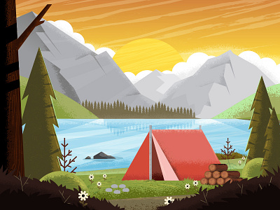 The Great Outdoors adventure camping design explore forest illustration lake landscape mountain outdoors tent texture