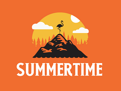 Summertime adventure flamingo font forest illustration logo mountain nature sunset tree type typography