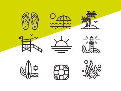 Beach Vibes beach icon icon set illustration lighthouse line work ocean palm tree stroke summer sun surf