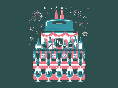 Beerthday Cake alcohol beer birthday brewery cake design fireworks hotdog illustration pint tap whiskey