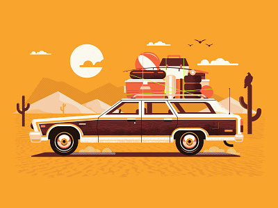 Junker's Junket car clouds desert illustration luggage mountain retro texture travel vacation vector vintage
