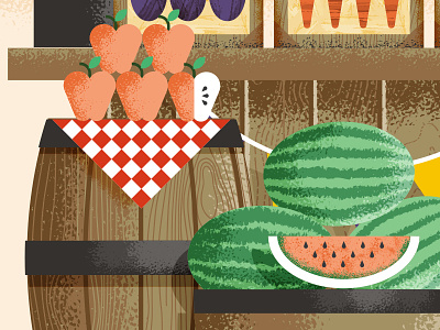Sneak Peak - Farmer's Market apple barrel design farm food fruit garden illustration texture vegetable watermelon wood