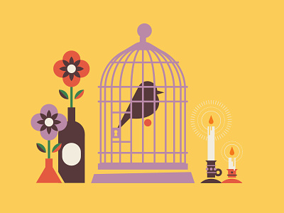 Despite All My Rage I Still Liked Drawing a Birdcage bird birdcage candle clean color design flower illustration lock minimal scene simple