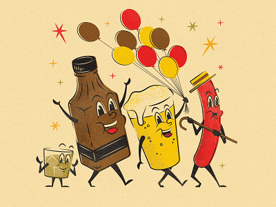 Take me to the Boozies 1950s beer cartoon design graphic design hotdog illustration mascot midcentury pint poster print retro texture vintage whiskey