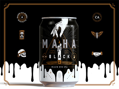 MAHA Black beer black rye ipa branding craft beer hourglass icons illustration mason moth rose san diego skull