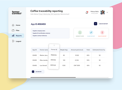 Case study | Farmer Connect: Coffee traceability report web app app flat minimal reporting ui ux webapp