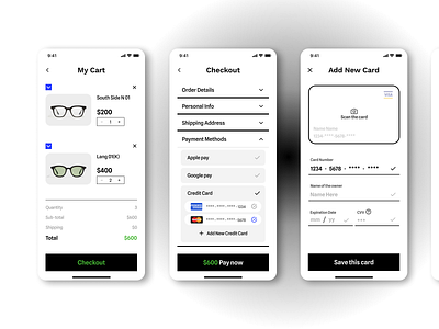 Cart, Checkout, Credit card page design for mobile app app cart checkout credit card dailyui design figma mobile my cart page ui ux