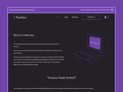 Practivo Website About Page Dark Mode UI/UX Design