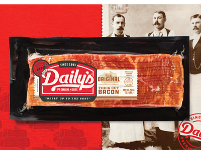 Daily's Bacon Packaging bacon badge branding butcher illustration logo meat packaging script texture