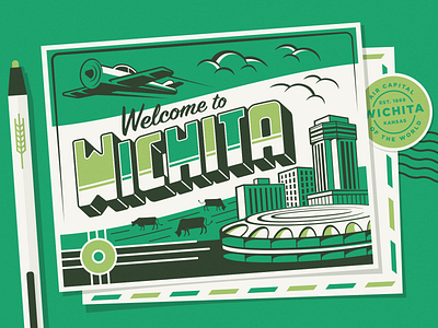 Wichita Postcard badge cityscape illustration plane postcard wichita