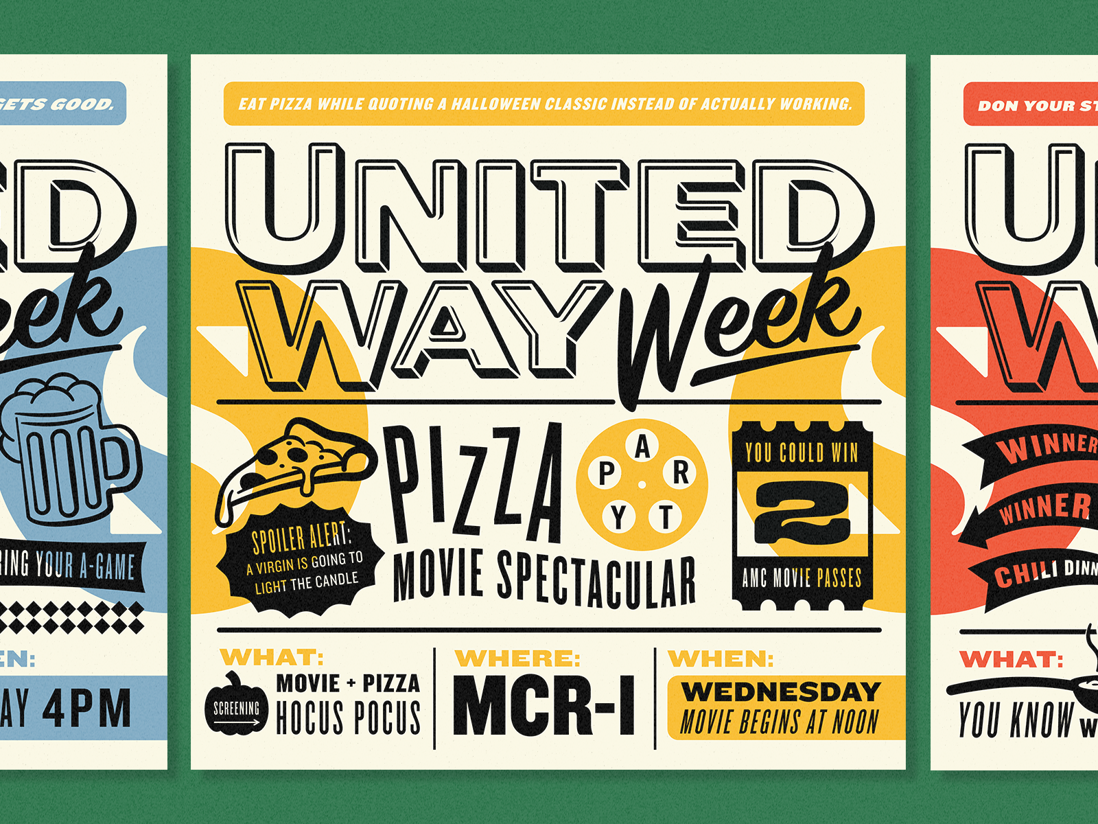 United Way Week Pt 2 movie trivia brain beer typography pizza illustration poster badges arrows
