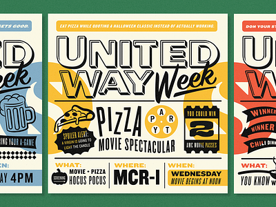 United Way Week Pt 2 arrows badges beer brain illustration movie pizza poster trivia typography