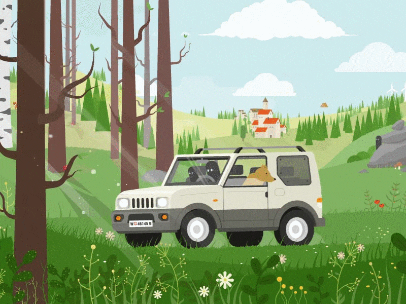 Waldviertel Ride (gif) ae animation car dog forest grass jeep motion ride sky sun three