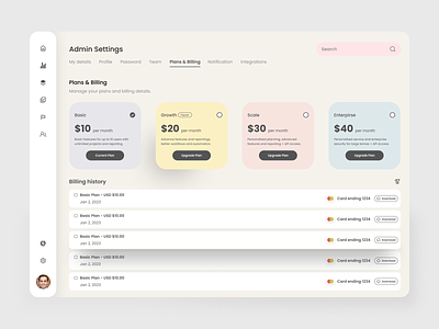 Plan & Billing Setting page - Dashboard Admin Web UI