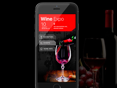 Wine expo app home screen black and red black apps design ui ux wine app