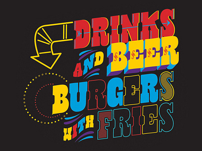 drinks, beer, burger, fries.