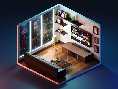 Home Theater Isometric Illustration 3disometric 3dmodeling 3drender adobeillustrator blender3d blendercycles isometric isometrichouse isometricroom lowpoly lowpoly3d lowpolyart render