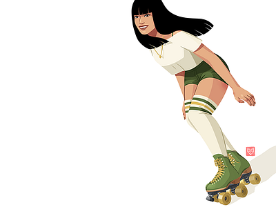 Green roller girl art badass beautiful derby girl drawing girl illustration long hair roller skates skater smile woman