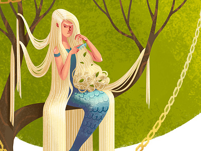 Mermaid art character girl golden chain illustration long hair lukomorie mermaid tree