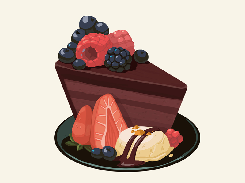 Piece of cake meal tasty food ice cream berries dessert cake digital art art illustration