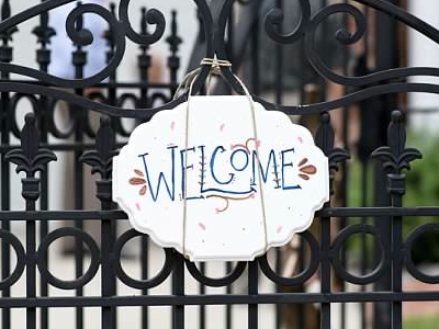 Welcome Sign - Sarah & Juan blue custom design floral gold hand lettering lettering paint pink sign wedding white