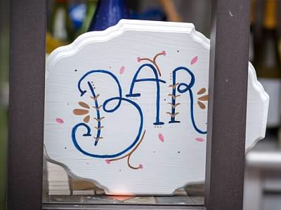 Bar Sign - Sarah & Juan blue custom design floral gold hand lettering lettering paint pink sign wedding white