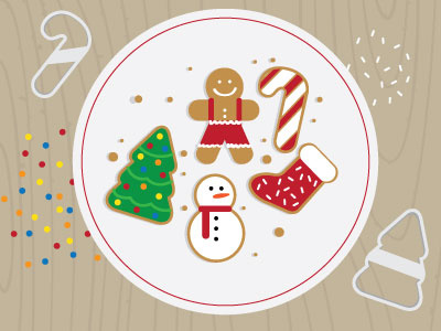 December 11th - Cookie Time! candy cane christmas cookie cutters cookies gingerbread man holiday illustration plate snowman sprinkles stocking tree