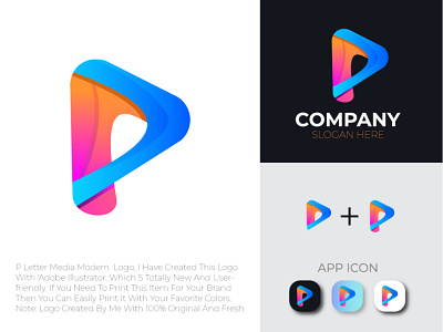 P Letter Modern Media Logo Design - Branding - Lettermark app branding design graphic design latter logo vector