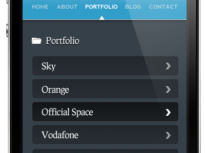Portfolio section of my mobile site arrow black blue button buttons glow icon iphone portfolio typography
