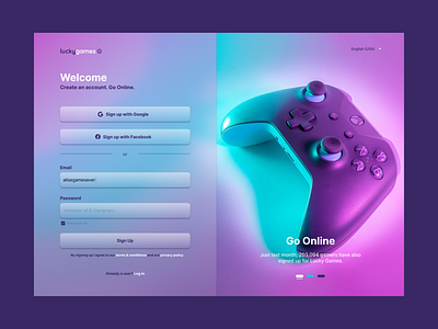 Lucky Games - Sign Up/Log In Page aesthetic colors gaming gaming website landing page login purple sign in sign up sigour studio