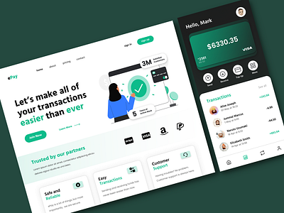 ePay - Banking and Finance Landing Page + Mobile View app bank banking banking mobile app figma green landing page mobile mobile app ui web design