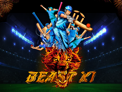 Beast XI in fire🔥 mode - Cricket Poster bowers branding cricket design fire fonteffect graphic design illustration players poster team typography ui vector
