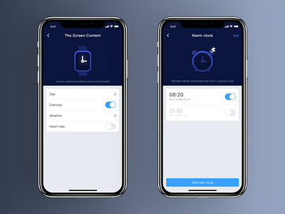 Meum App - My Bracelet activity add alarm alarm clock app bracelet clock content control design details device edit health list screen setting settings ui ux