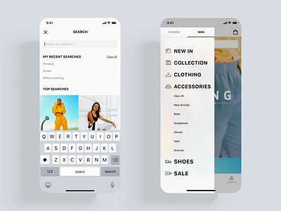 Trendy E-commerce App UI kit app category clothing collection e commerce hamburg hamburger menu ios kit men menu menu design new search shop store ui ux woman