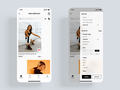 Trendy E-commerce App UI kit app buy clothing color design e commerce fashion filter home new shop shopping shopping cart side menu size sort store style ui ux