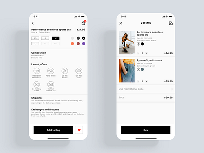 Trendy E-commerce App UI kit add app bag buy clothing color design detail page e commerce fashion items kart kit list minmal products shopping size ui ux