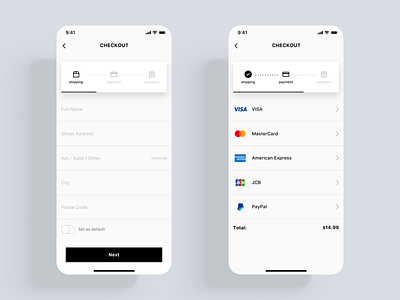 Trendy E-commerce App UI kit american express app buy checkout design e commerce jcb list mastercard payment paypal row shipping shop shopping step summary ui ux visa