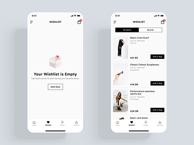 Trendy E-commerce App UI kit add app boards clothing design e commerce empty items kart kits minmal products save shop shopping store style ui ux wishlist