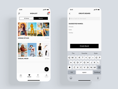 Trendy E-commerce App UI kit add app bar black board buy clothing design e commerce fashion ios items kart kit minmal search shopping ui ux wishlist