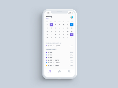 Employee Leave Calendar app calendar design flat holiday leave minimal mobile product ui ux white