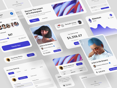 NFT Dashboard components - Light version account setting balance card components elements guide inesert amount marketplace nft dashboard notification panel profile purple transfer now ui upload visual design wallet web withdraw