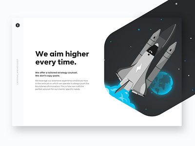 We aim higher every time 🚀 astronaut black blue branding design desktop earth flat illustration shuttle space typogaphy ui universe ux white