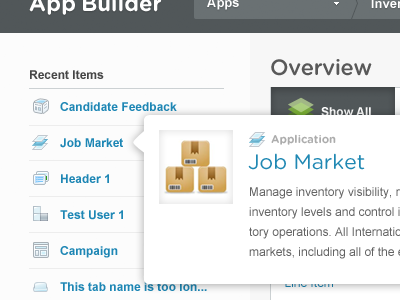 Application management app hover iconography icons interface list menu overview ui