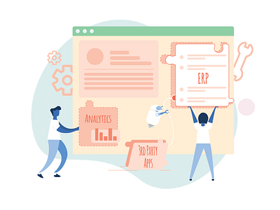 Integration analytics automation character crm design erp icon illustration landing page platform product sales ui vector