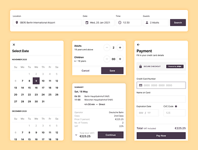 UI Components app atomic design calendar cards components design flat minimal payment stepper travel typography ui web website
