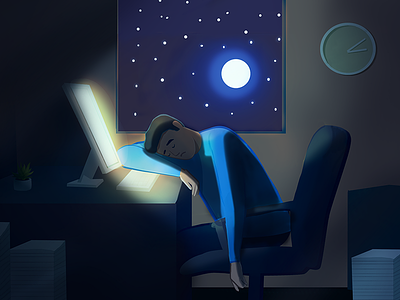 Workaholic at night character desktop man moon moonlight night office romantic sleep stars work workaholic