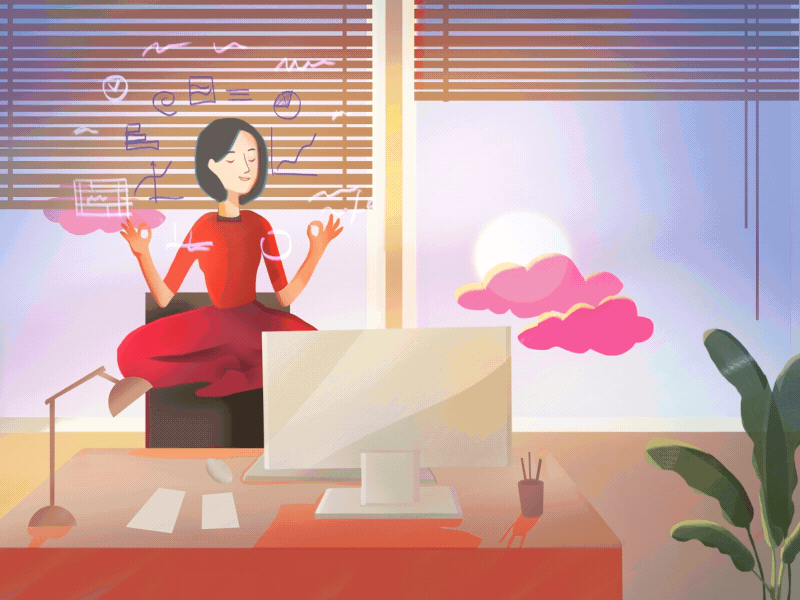 Meditation in the office animation character clouds flat girl meditation office pink waterworth woman work working space