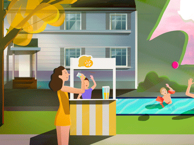 Happy neighborhood animation car children family house lemonade summer swimming pool waterworth woman yard