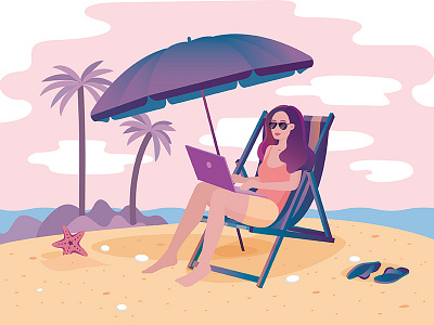 Chilling on vacation beach character chill flat girl holiday laptop relax vacation woman